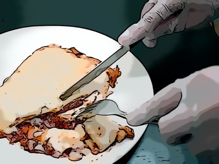 Cette image montre la même scène de découpe de lasagnes mais avec une méthode de rendu proche de la bande dessinées (lmoins de détails, zones avec des couleurs plus constantes...)